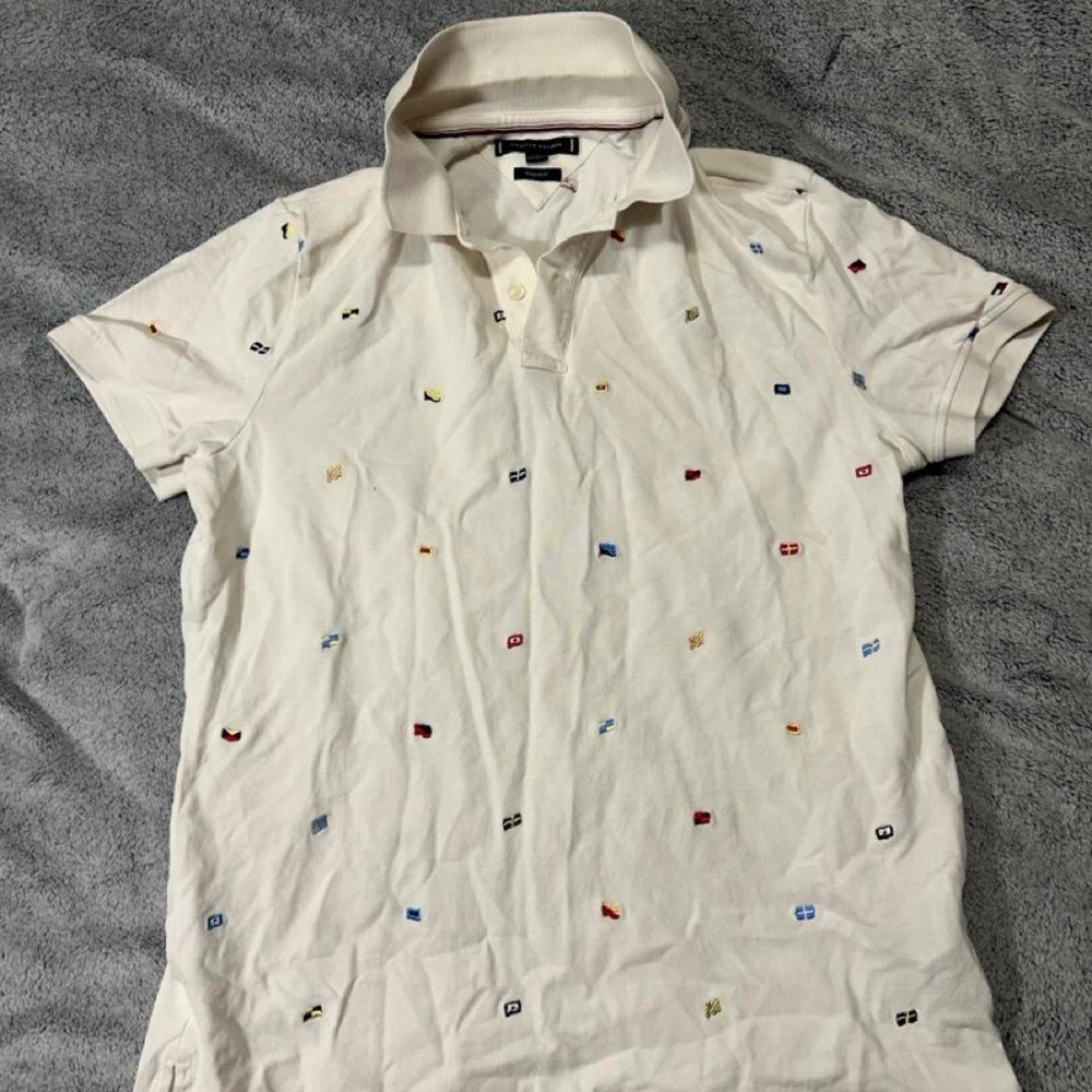 Tommy Hilfiger white pique polo embroidered nautical flag Men's size large